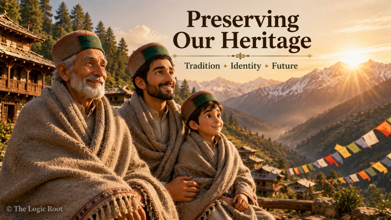 Three generations wearing traditional Sirmauri Loiya in Himachal Pradesh.