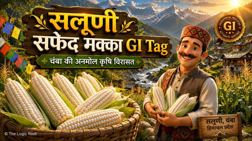 Salooni Safed Makka GI Tag की 3D चित्रात्मक झलक, चंबा की पारंपरिक सफेद मक्का और हिमाचली खेत।