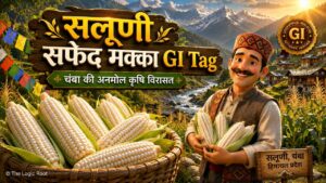Salooni Safed Makka GI Tag की 3D चित्रात्मक झलक, चंबा की पारंपरिक सफेद मक्का और हिमाचली खेत।