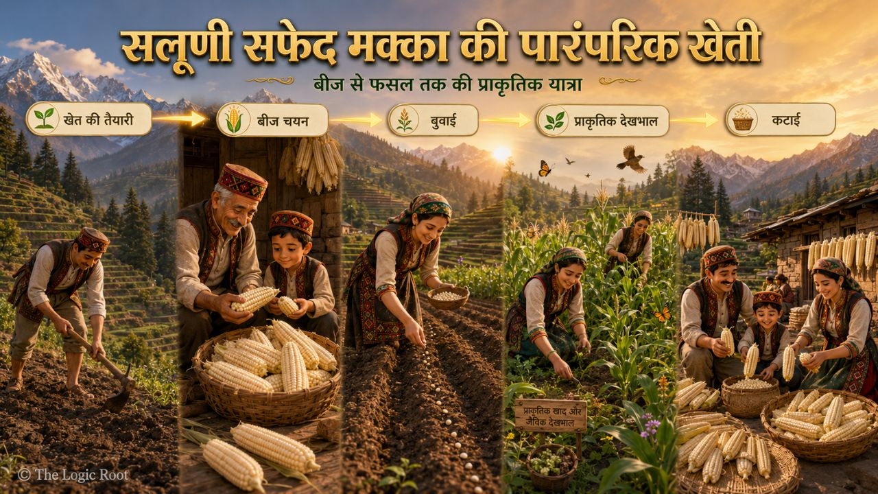 Salooni Safed Makka की पारंपरिक खेती के पाँच चरणों को दर्शाती 3D चित्रात्मक इन्फोग्राफिक।