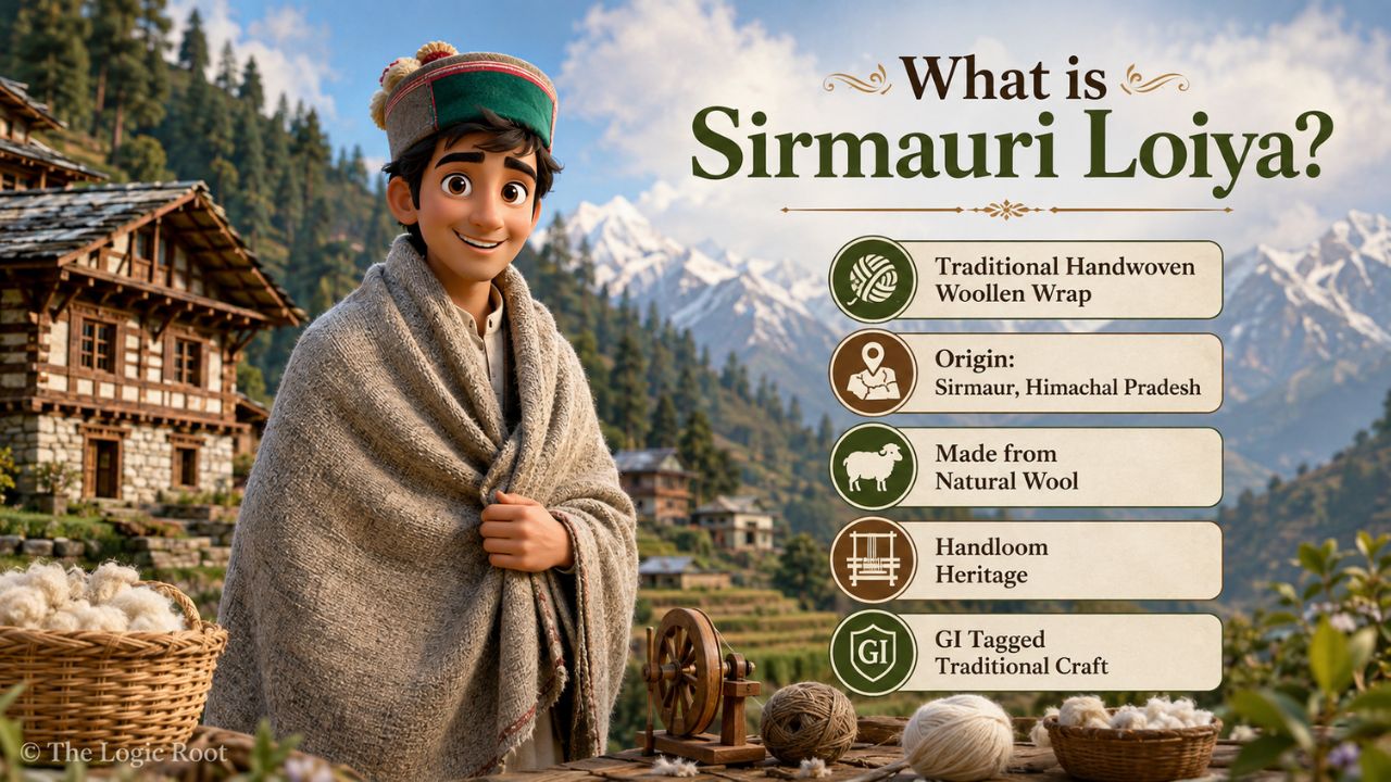 Traditional Sirmauri Loiya handwoven woollen wrap from Sirmaur Himachal Pradesh in 3D Pixar style.