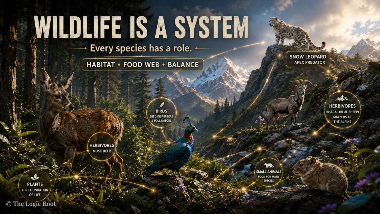 Great Himalayan National Park wildlife food web snow leopard musk deer and Himalayan monal