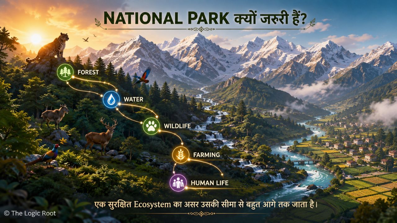 Himalayan National Parks में forest, water, wildlife और human life के connection की 3D illustration