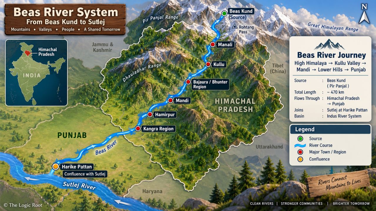 Beas River route map from Beas Kund to Punjab