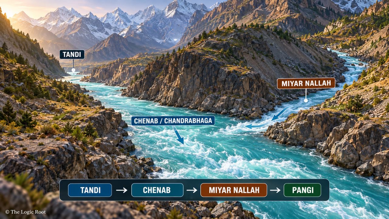 Chenab River flowing toward Pangi Valley with Miyar Nallah joining downstream