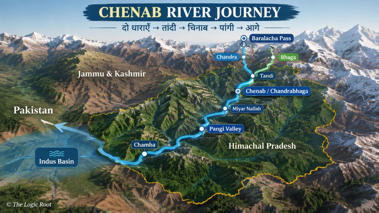Chenab River map showing Chandra and Bhaga from Baralacha Pass to Tandi, Pangi and downstream