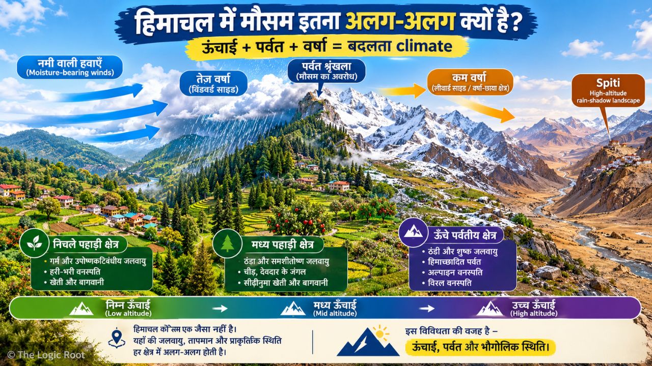 हिमाचल प्रदेश में ऊंचाई और rain shadow के कारण बदलता climate