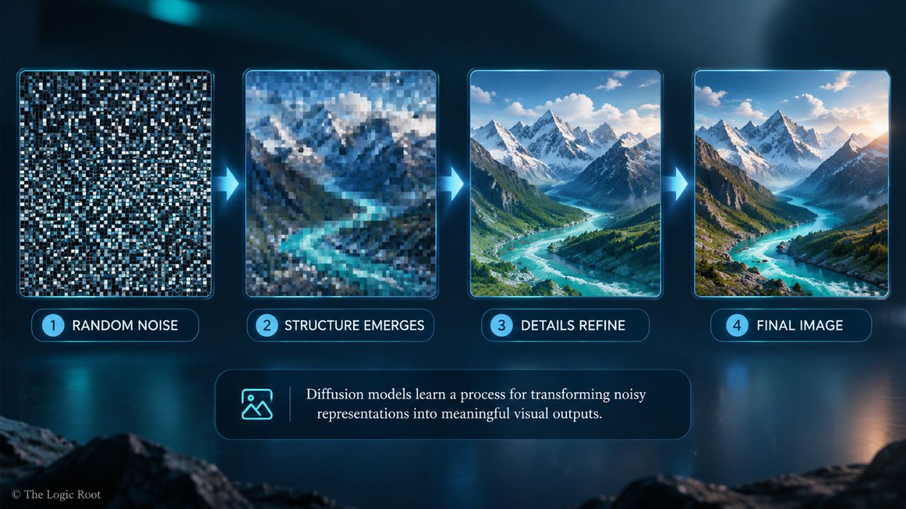 Diffusion model AI image generation from noise to final image