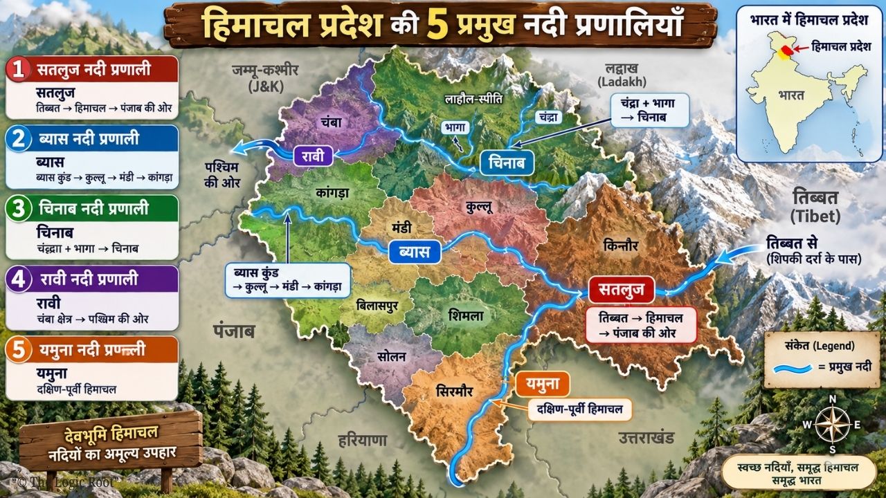 Map of five major river basins of Himachal Pradesh showing Satluj Beas Chenab Ravi and Yamuna
