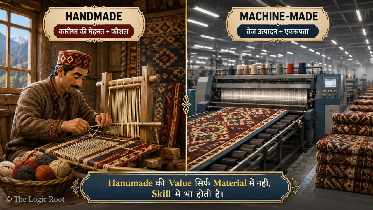Handmade Himachal Galecha weaving compared with machine-made carpet production
