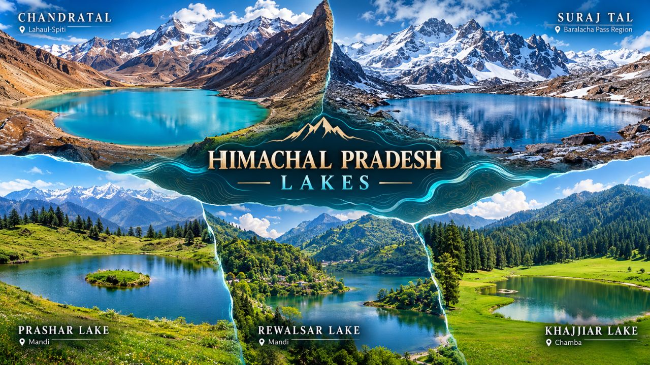 Himachal Pradesh Lakes showing Chandratal, Suraj Tal, Prashar, Rewalsar and Khajjiar lakes with Himalayan mountains