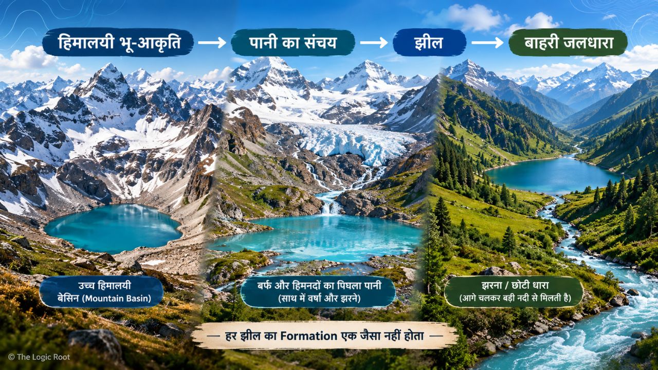 Himachal Pradesh lakes formation showing mountain basins, snowmelt, glacial water and natural lake formation