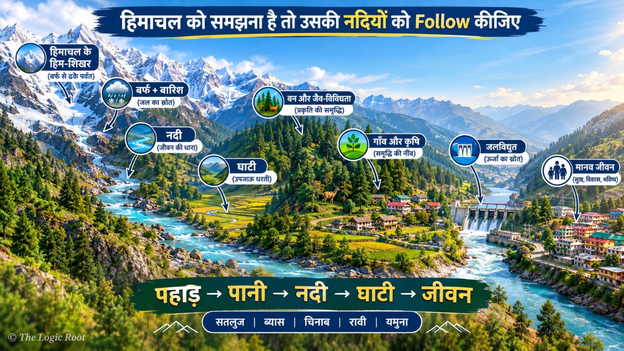 Logic Root Logic Root infographic showing how Himachal rivers connect mountains valleys agriculture hydropower and life