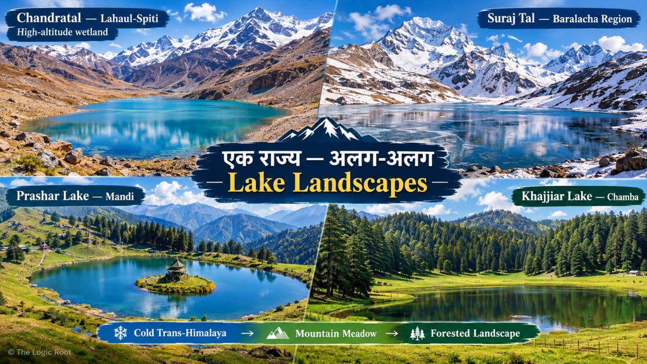 Chandratal, Suraj Tal, Prashar and Khajjiar lakes showing the geographical diversity of Himachal Pradesh