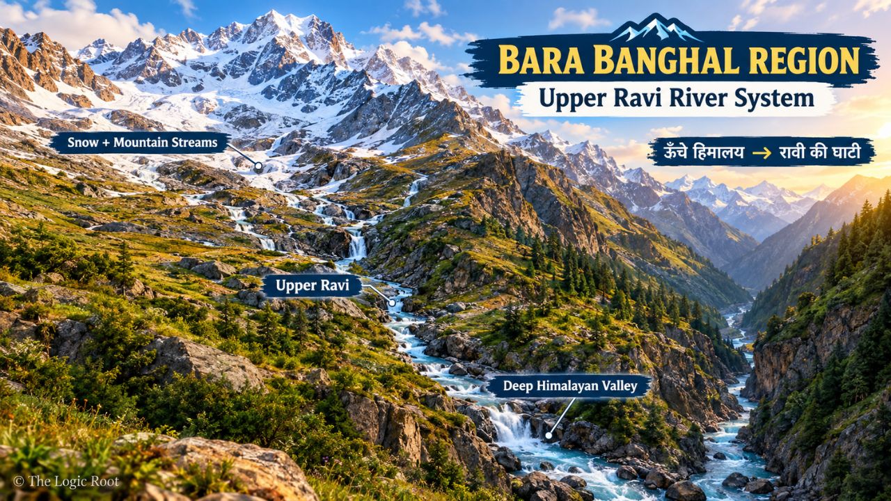 Ravi River upper Himalayan source region near Bara Banghal, Himachal Pradesh
