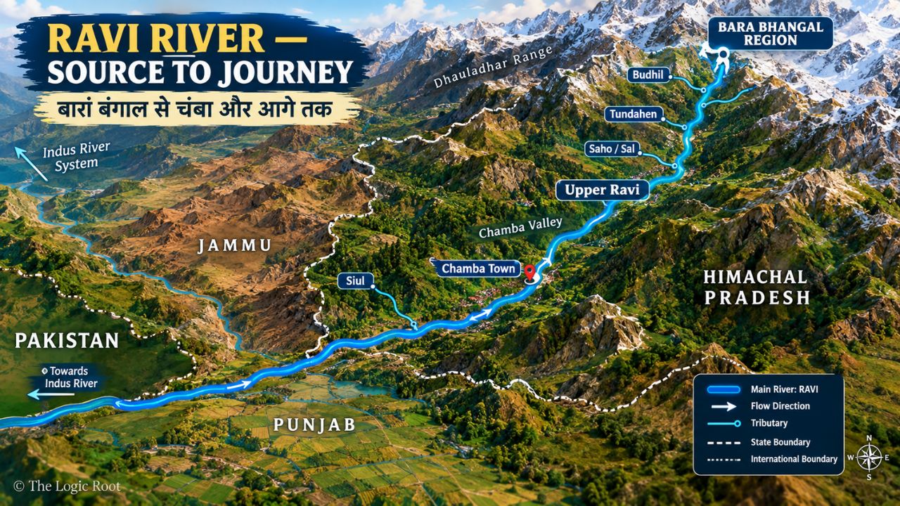 Ravi River map showing Bara Banghal, Chamba, tributaries and its route through Himachal Pradesh
