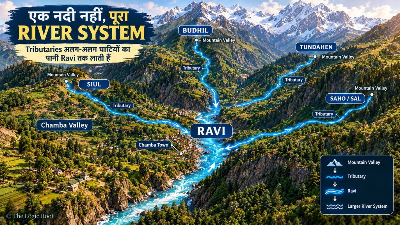 Ravi River and major tributaries forming a river network in Chamba
