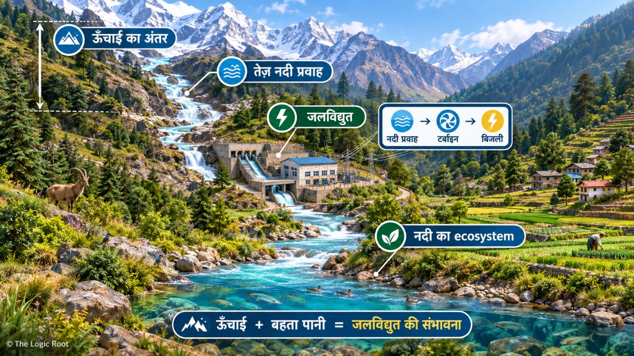 River + Hydropower + Ecosystem Himachal Himalayan river showing hydropower ecosystem agriculture and mountain settlements