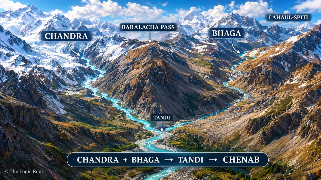 Chandra and Bhaga rivers originating on opposite sides of Baralacha Pass in Lahaul-Spiti