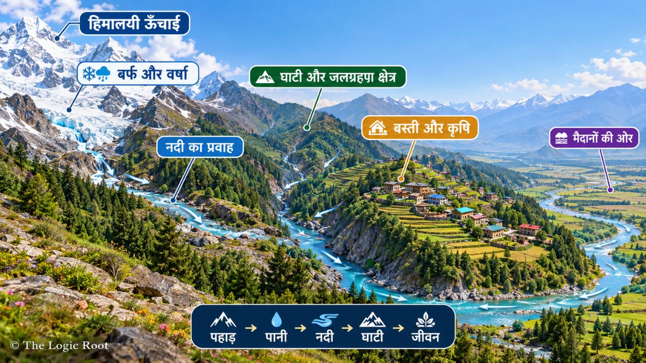 Source to Plains Visual how Himalayan rivers flow from snow covered mountains through valleys to plains