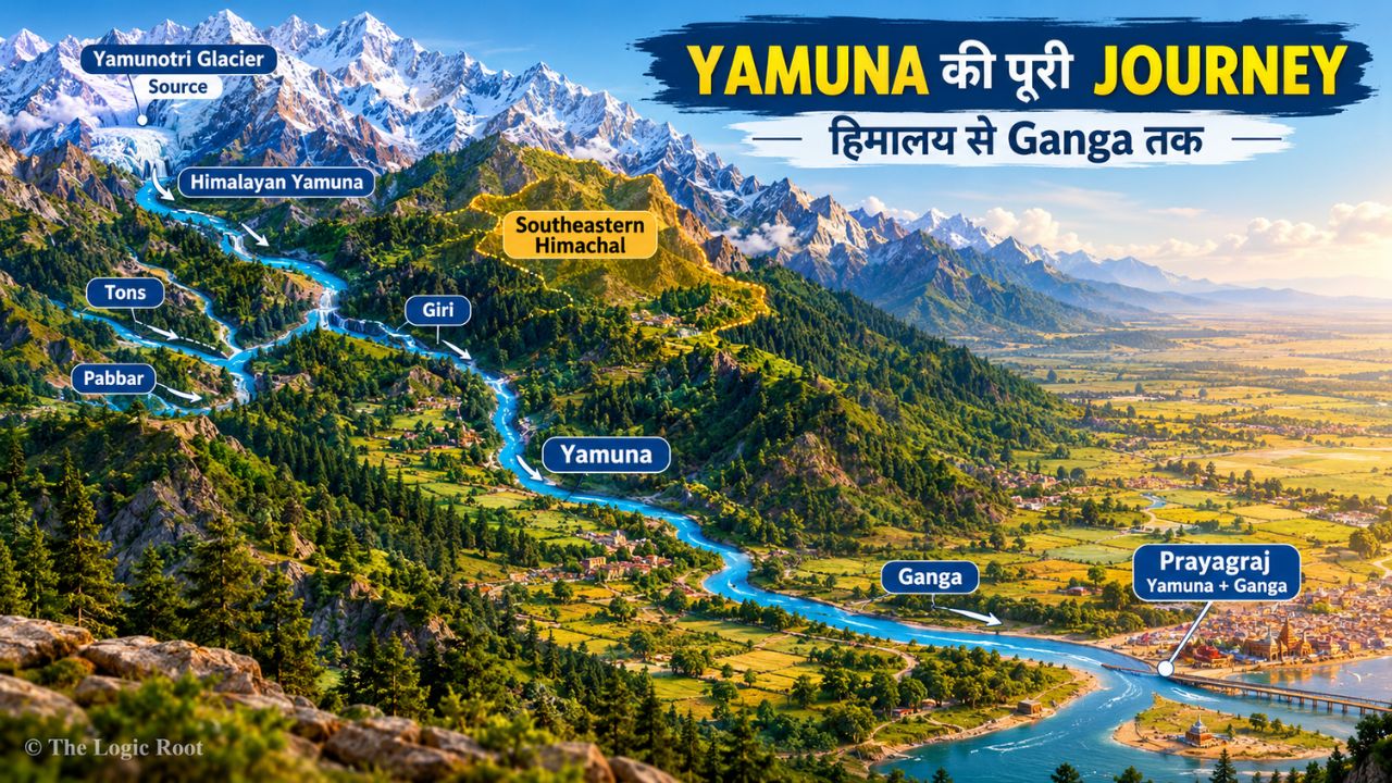 Yamuna River journey from Yamunotri Glacier through Himalayan tributary systems to Prayagraj