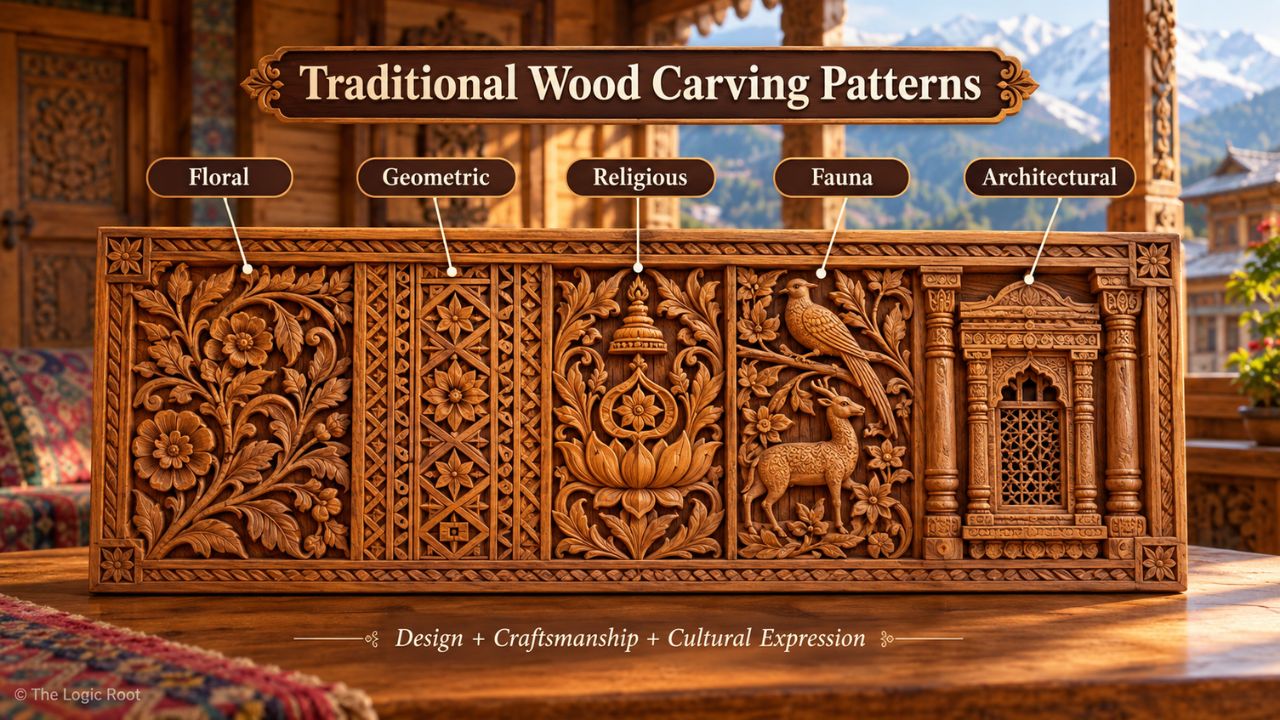 Traditional Himachali wood carving floral geometric folk and nature motifs