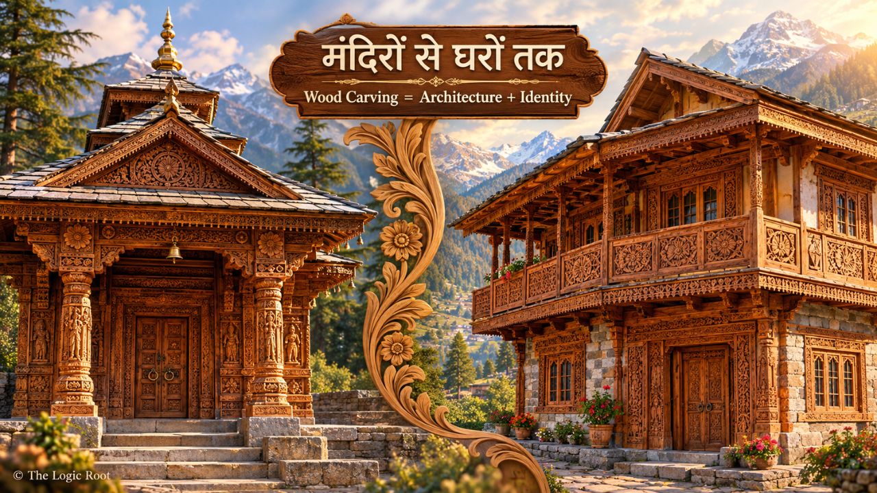 Traditional Himachali wooden temple and house with carved architecture