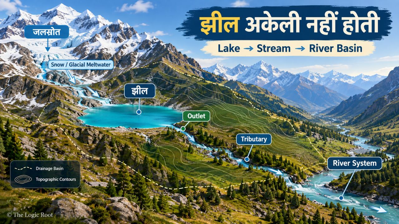 Himalayan lake ecosystem showing wetland, mountain catchment, vegetation and biodiversity