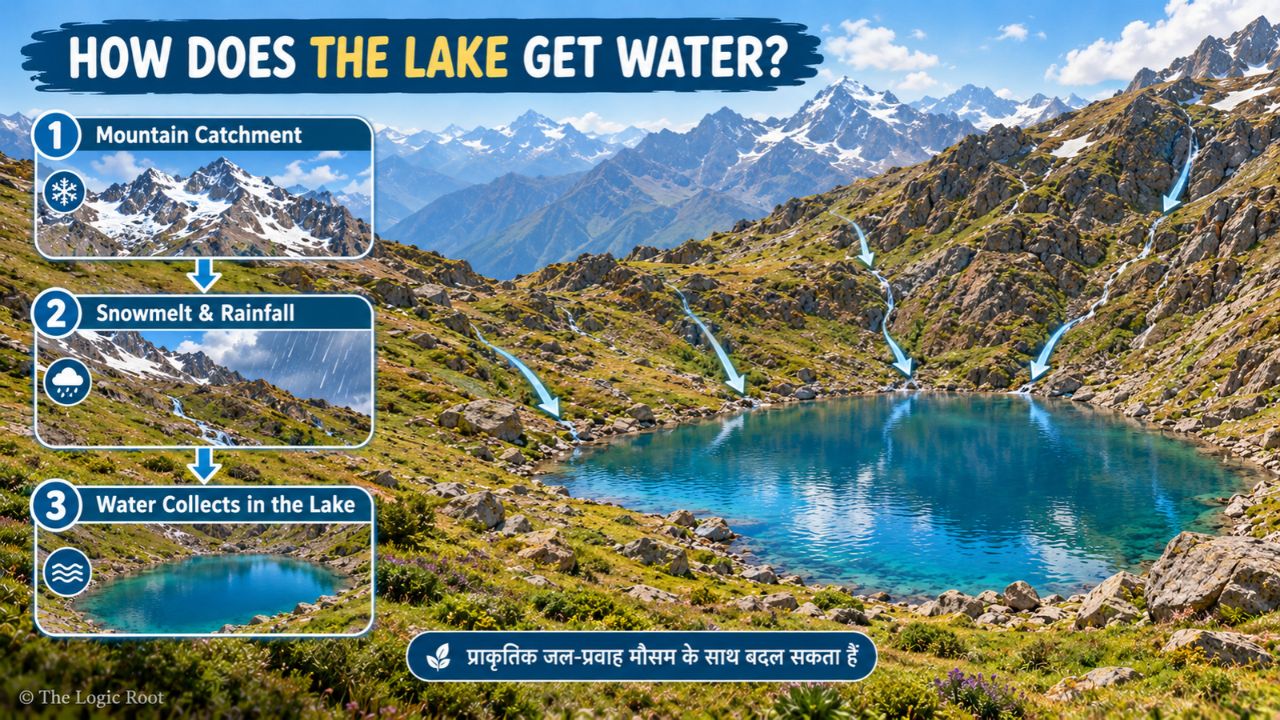 Educational illustration explaining the role of mountain catchment, snowmelt and rainfall around Bhrigu Lake