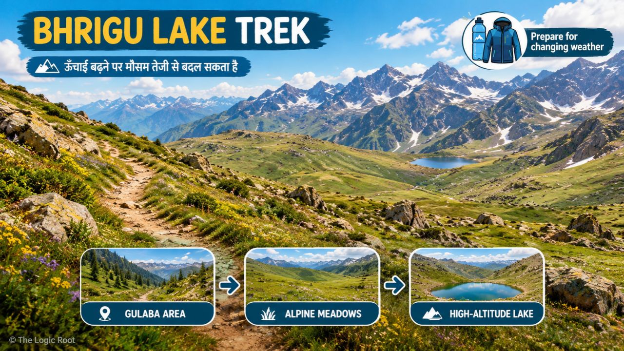 Bhrigu Lake trek landscape near Manali showing alpine meadows and a mountain foot trail