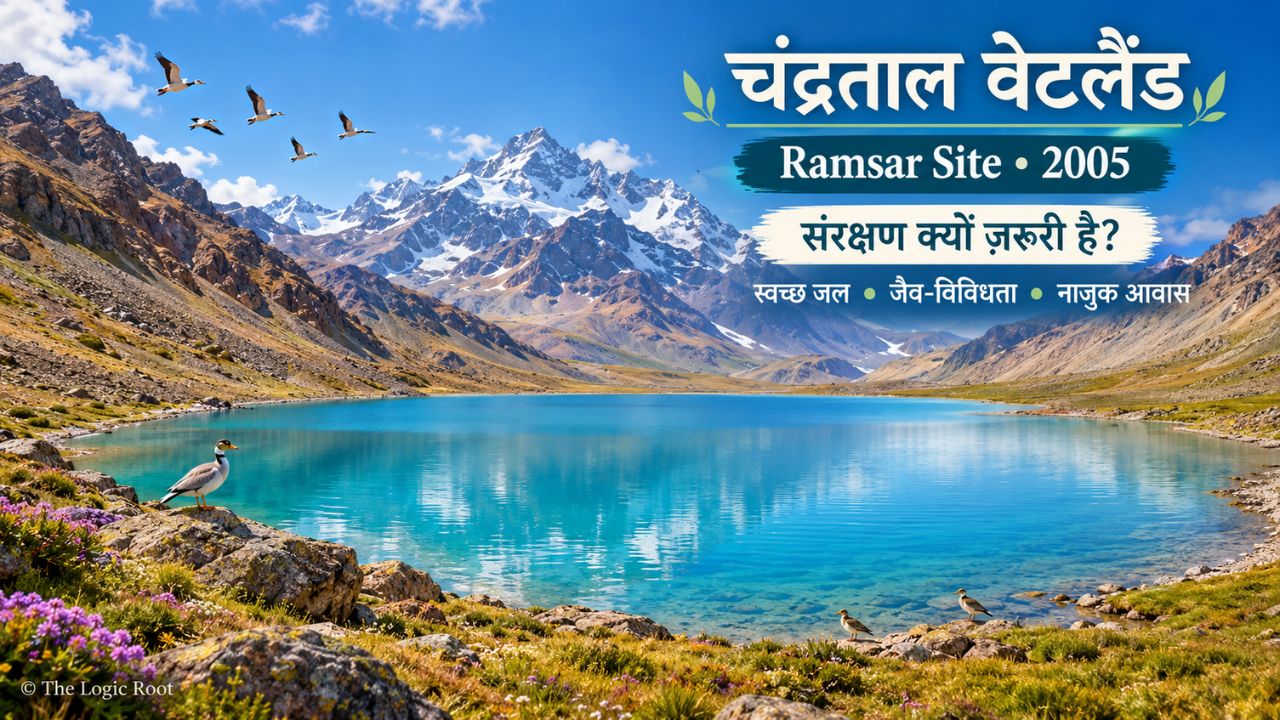 Chandratal Lake Ramsar wetland in Himachal Pradesh, surrounded by high-altitude Himalayan habitat and migratory birds.