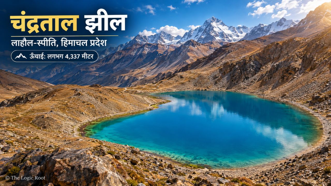 Chandratal Lake in Lahaul-Spiti, Himachal Pradesh, showing its crescent-shaped turquoise water and rugged Himalayan landscape.