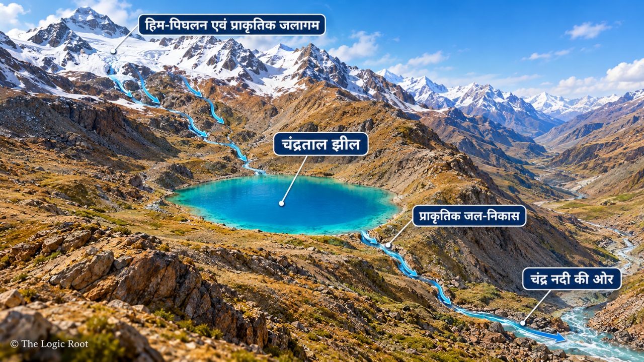 Chandratal Lake water system showing seasonal snowmelt, mountain catchment and natural outlet toward the Chandra River.