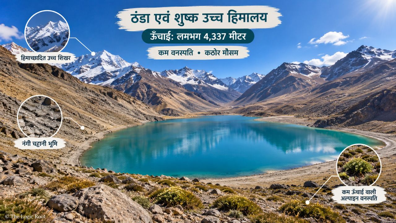 Cold-arid high-altitude landscape around Chandratal Lake with rocky Himalayan slopes, sparse alpine vegetation and snow patches.