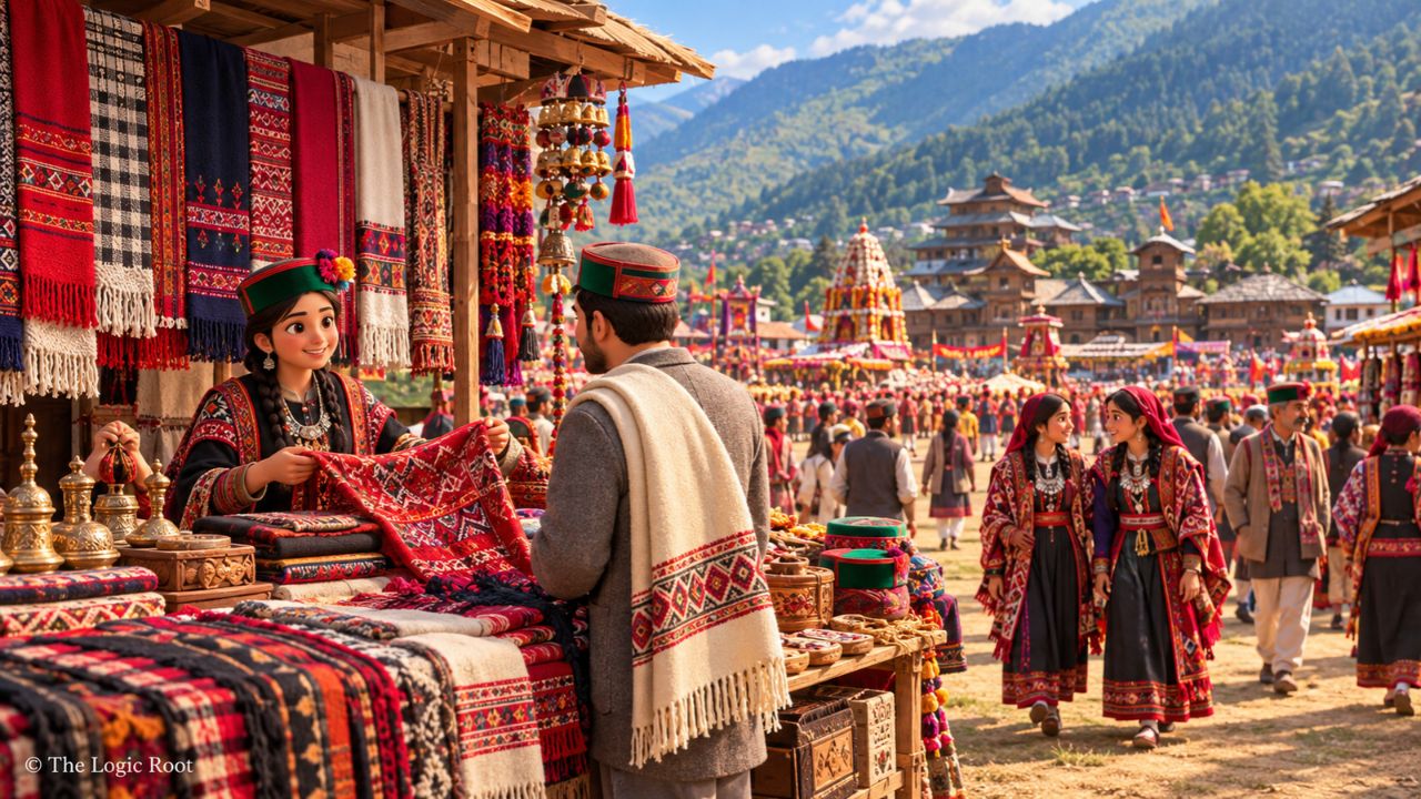 Traditional Kullu shawls, Himachali clothing and local handicrafts during Kullu Dussehra