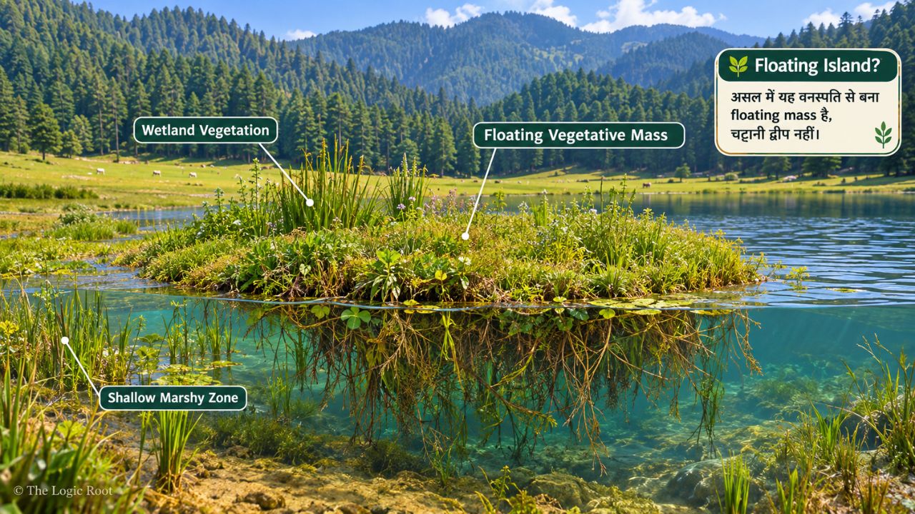 Floating vegetative mass and wetland vegetation in Khajjiar Lake