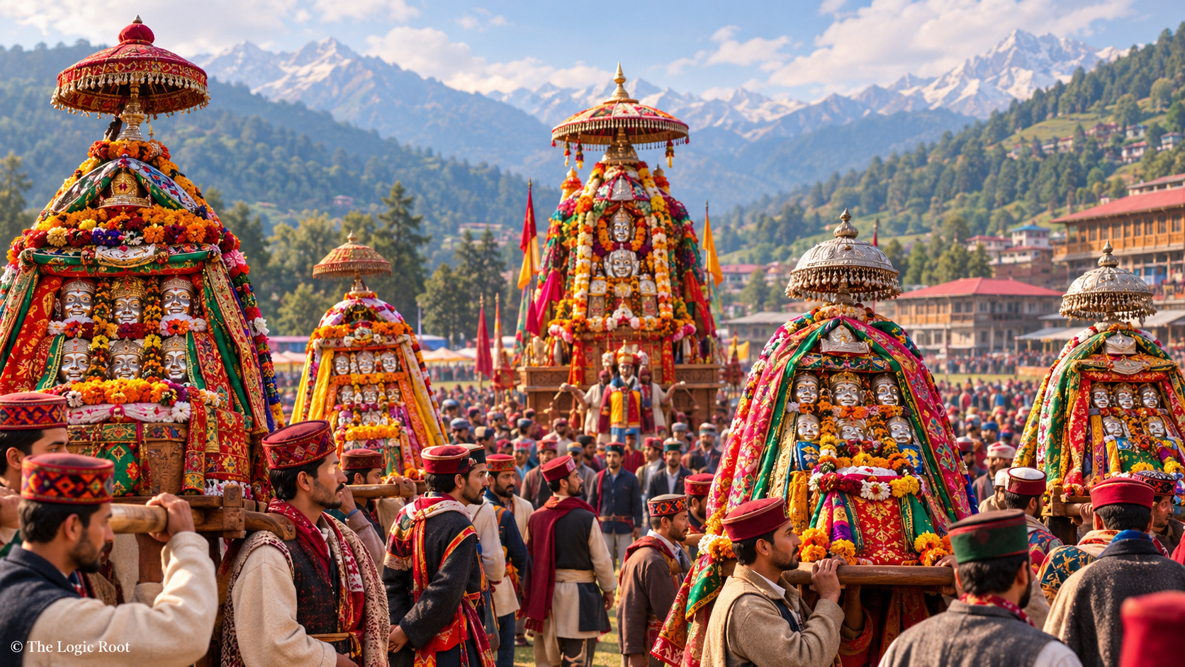 Traditional devta palanquins and Raghunath Ji chariot procession at Kullu Dussehra