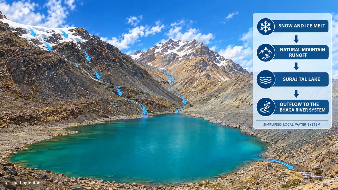 Suraj Tal Lake water system showing snowmelt and mountain runoff
