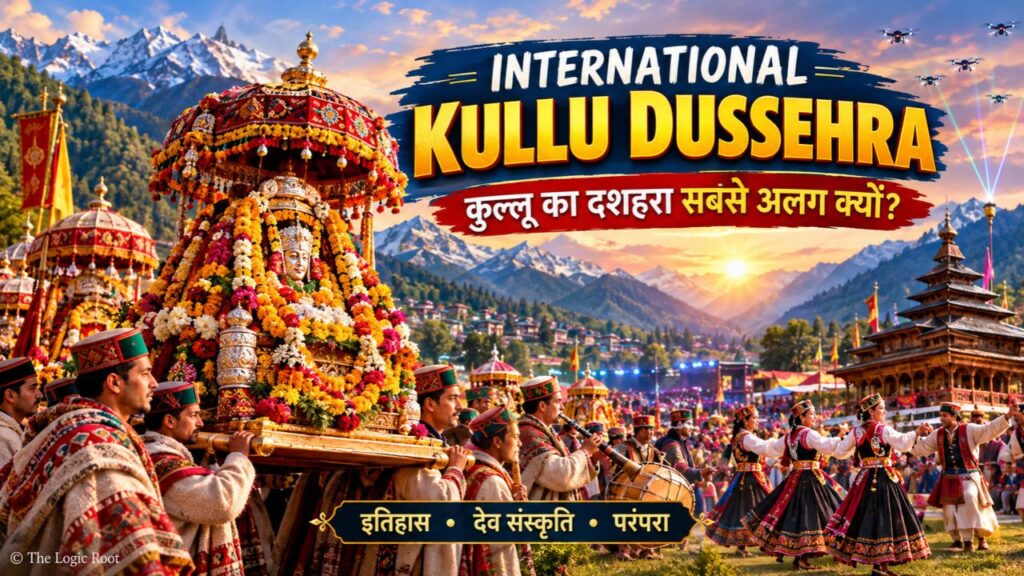 International Kullu Dussehra with decorated devta palanquins and traditional Nati dancers.