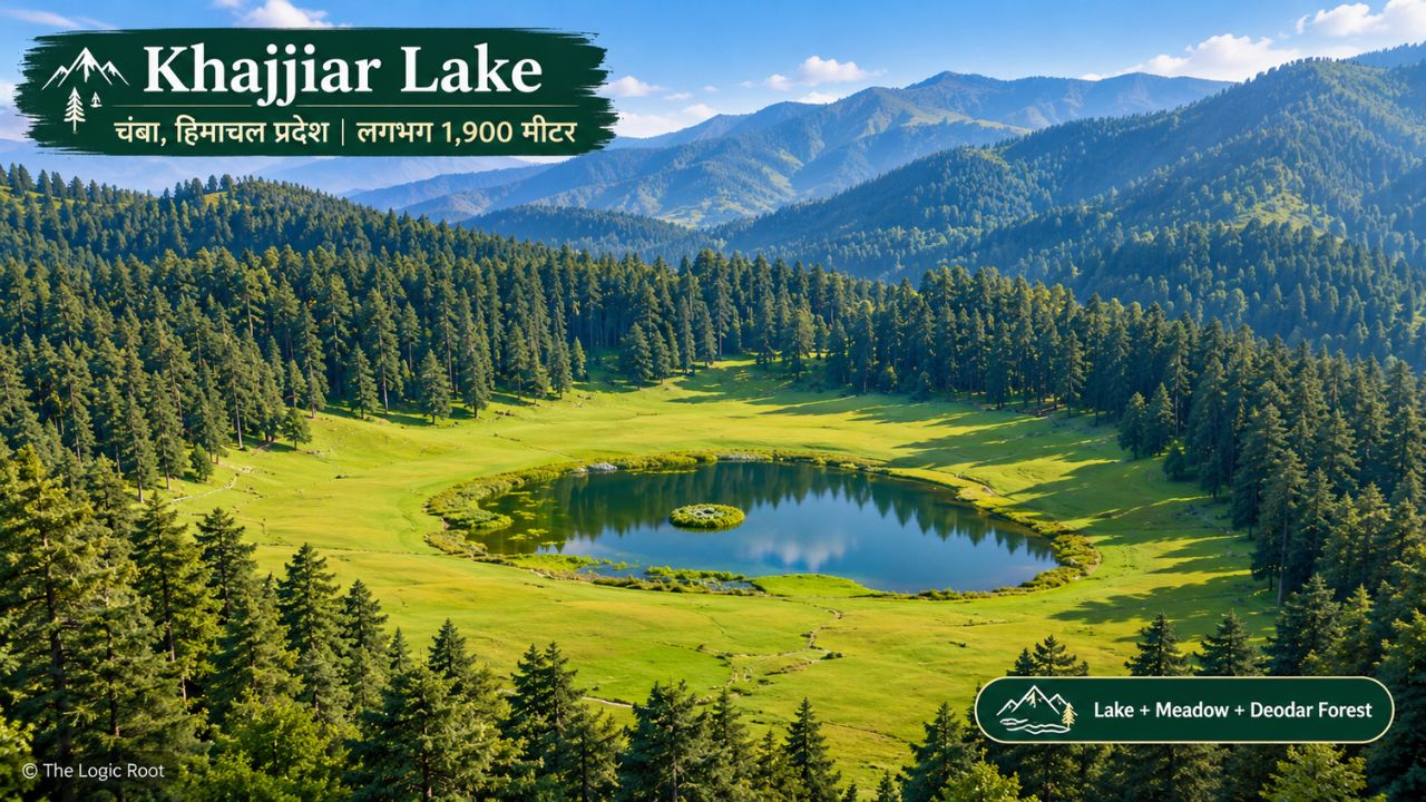Khajjiar Lake surrounded by deodar forests and green meadow in Chamba Himachal Pradesh