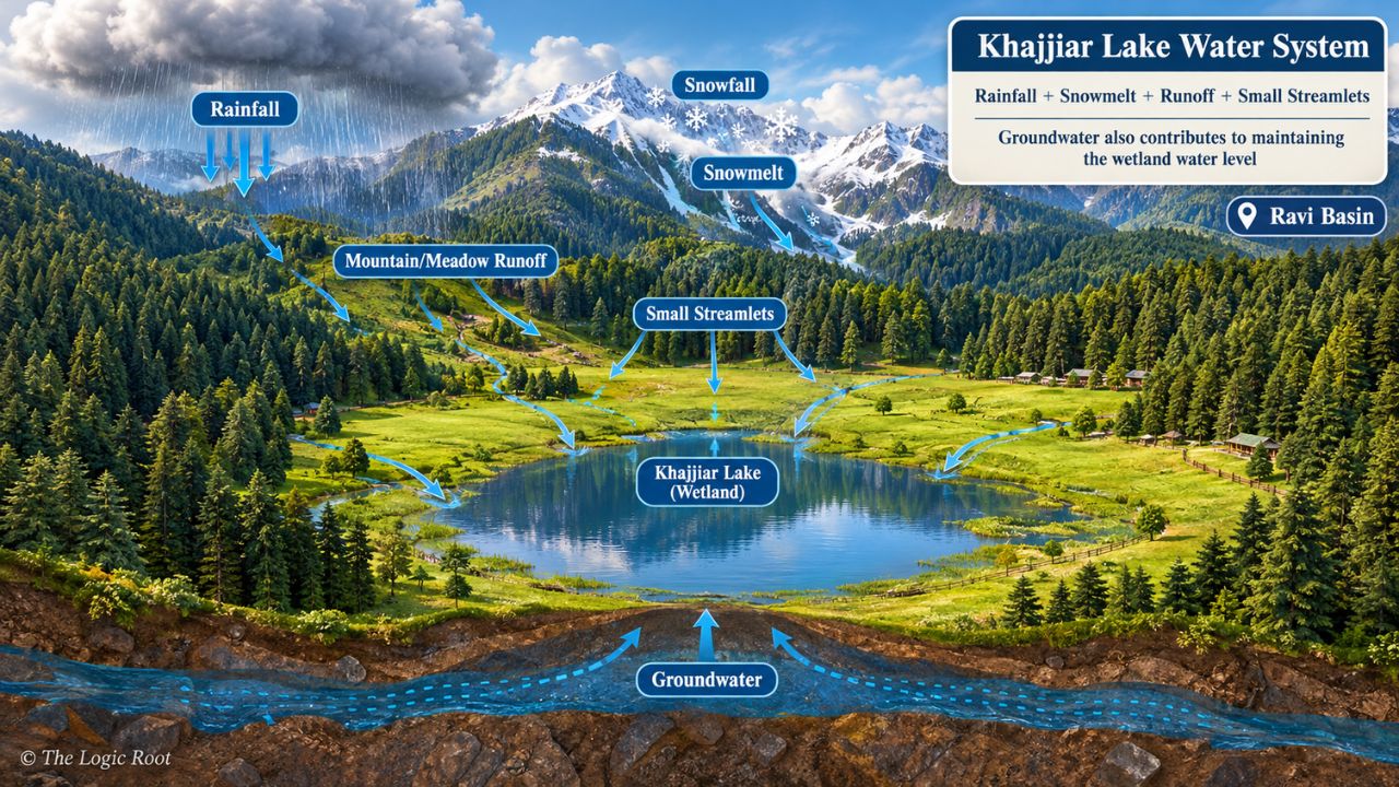 Khajjiar Lake water system showing rainfall snowmelt runoff and streamlets