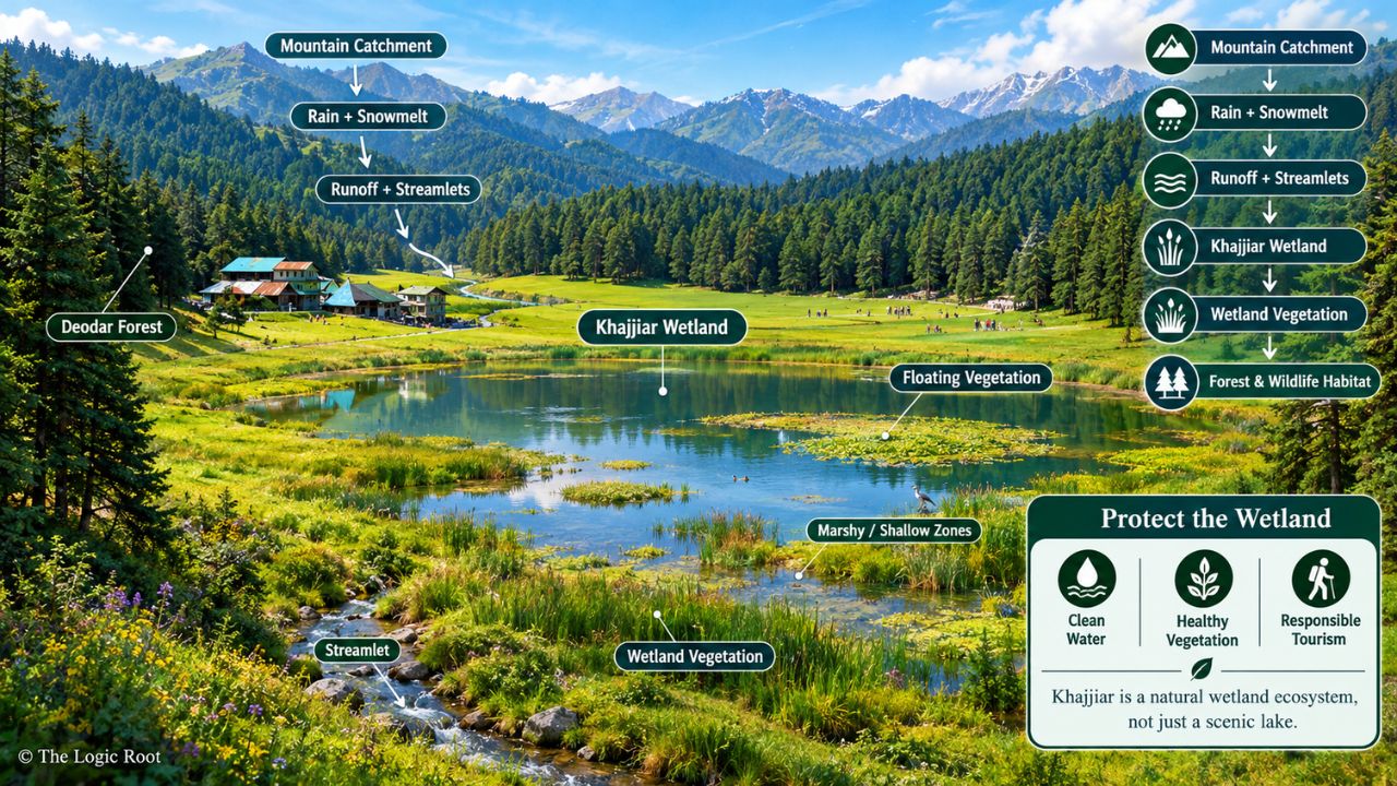 Khajjiar Lake wetland ecosystem with meadow deodar forest and mountain catchment
