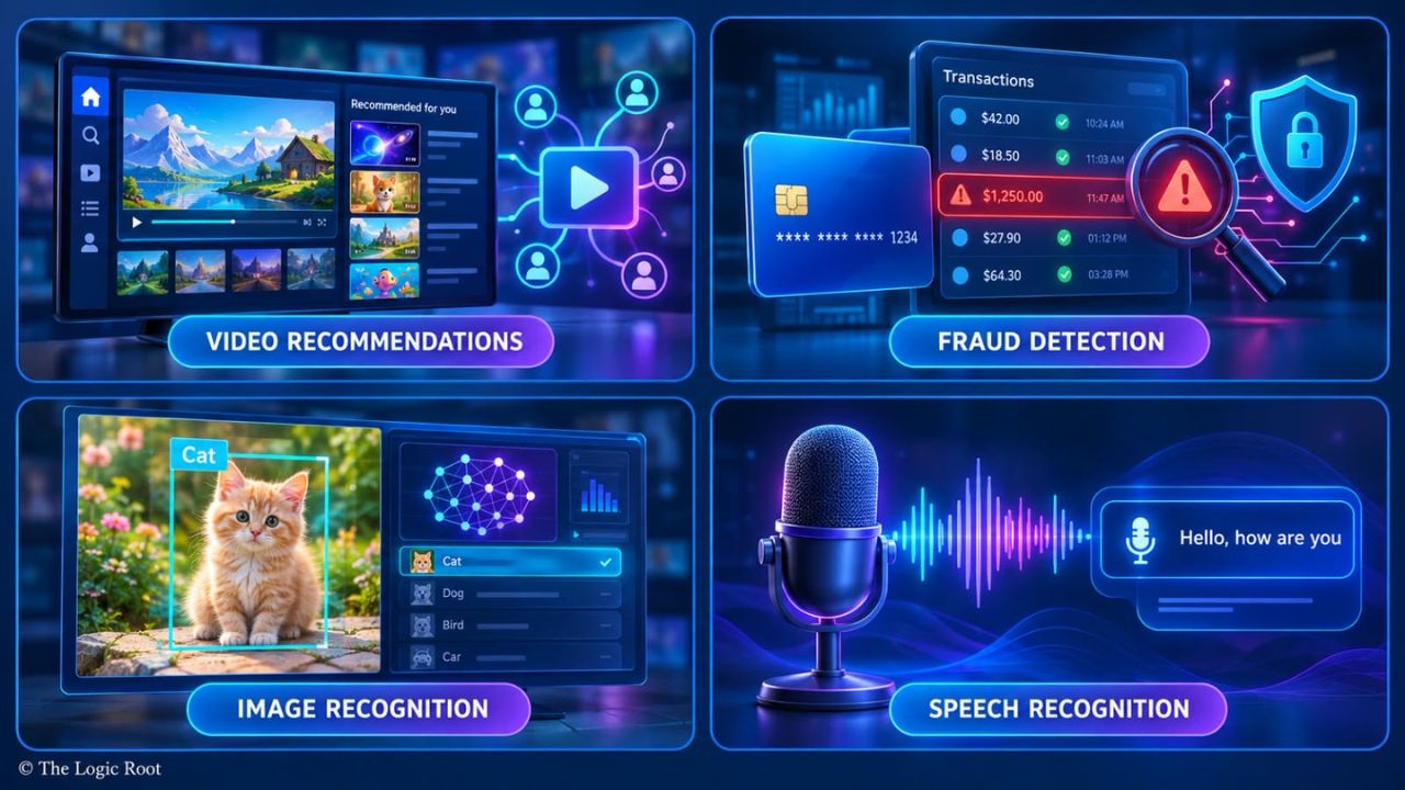 Machine Learning और Deep Learning के वास्तविक उपयोग: recommendations, fraud detection, image और speech recognition।