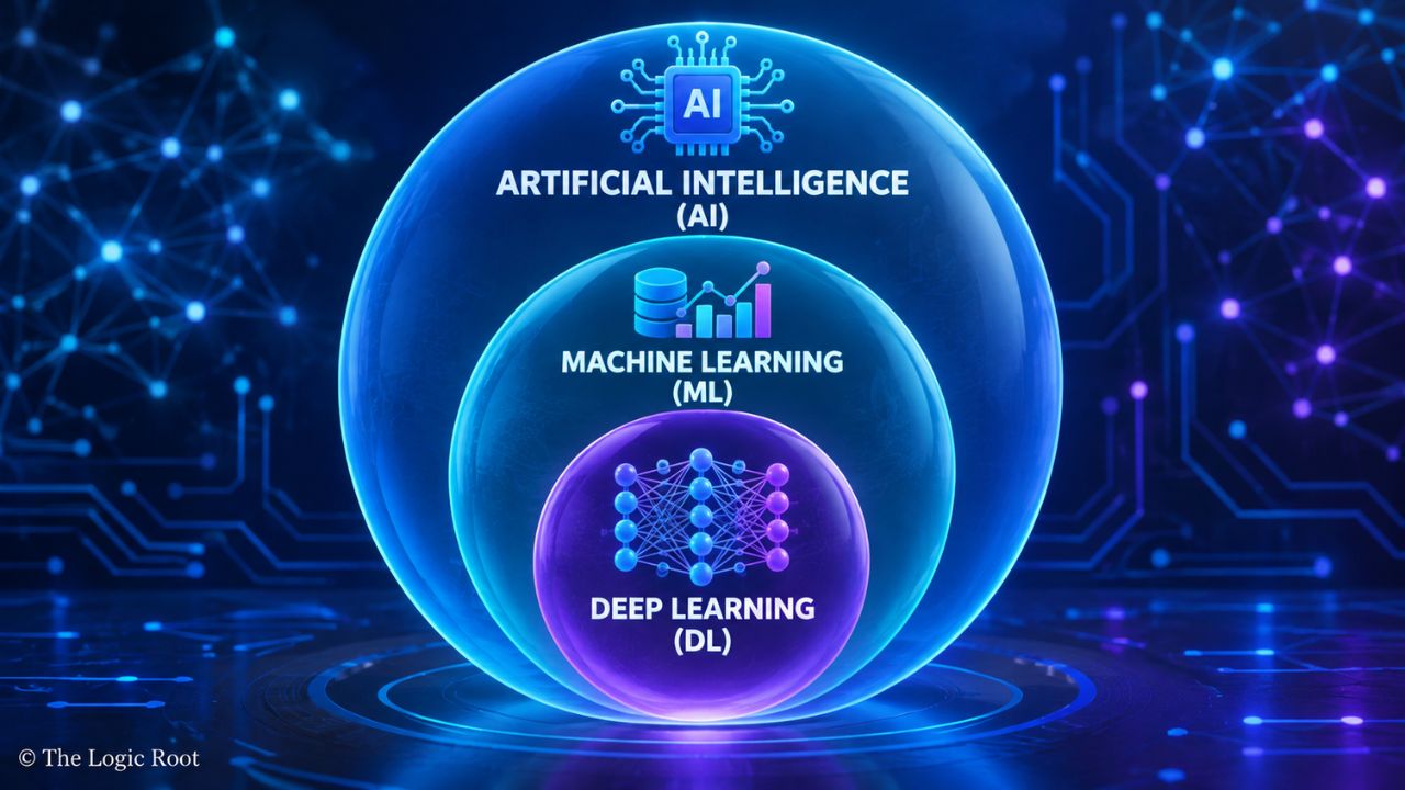 Artificial Intelligence, Machine Learning और Deep Learning का संबंध दर्शाता 3D infographic।