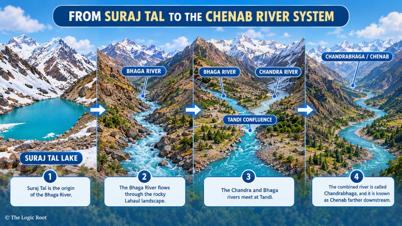 Suraj Tal Lake, Bhaga River, Tandi confluence and the Chenab river system