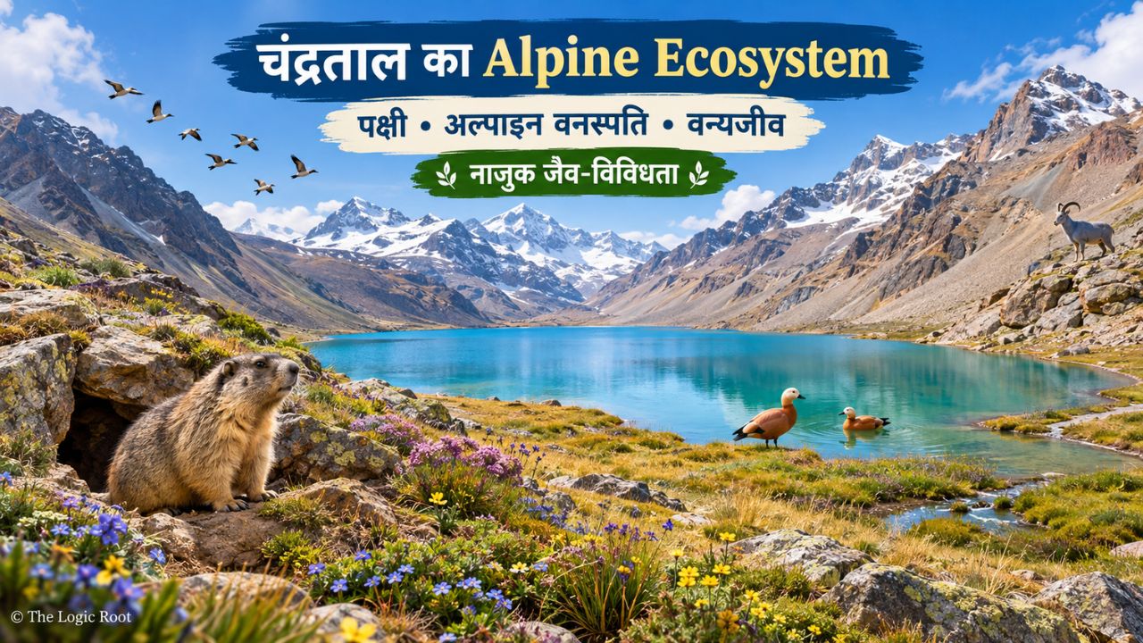Alpine ecosystem around Chandratal Lake with a Himalayan marmot, wetland birds, sparse alpine plants and rocky mountain habitat.