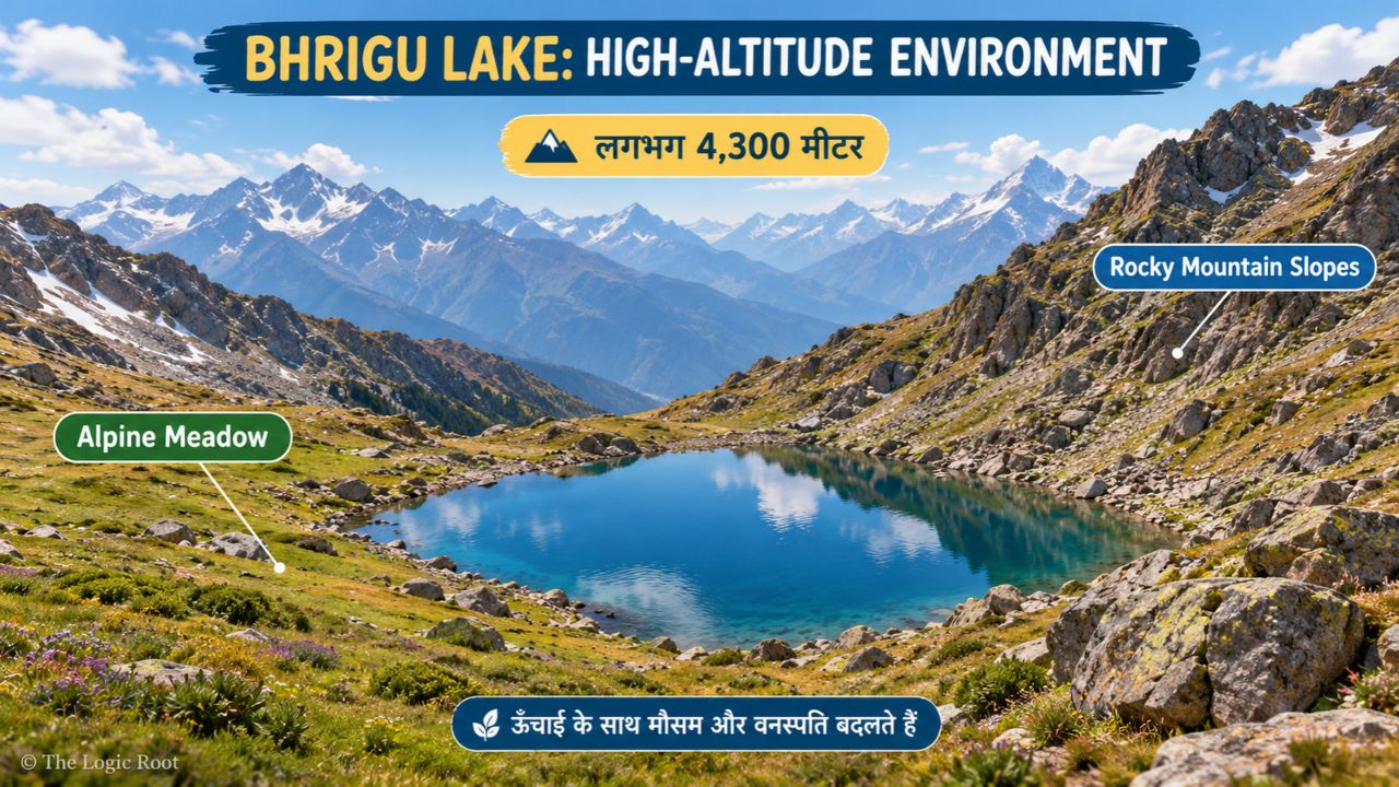 Bhrigu Lake at approximately 4,300 metres in the high-altitude Himalayan landscape near Manali